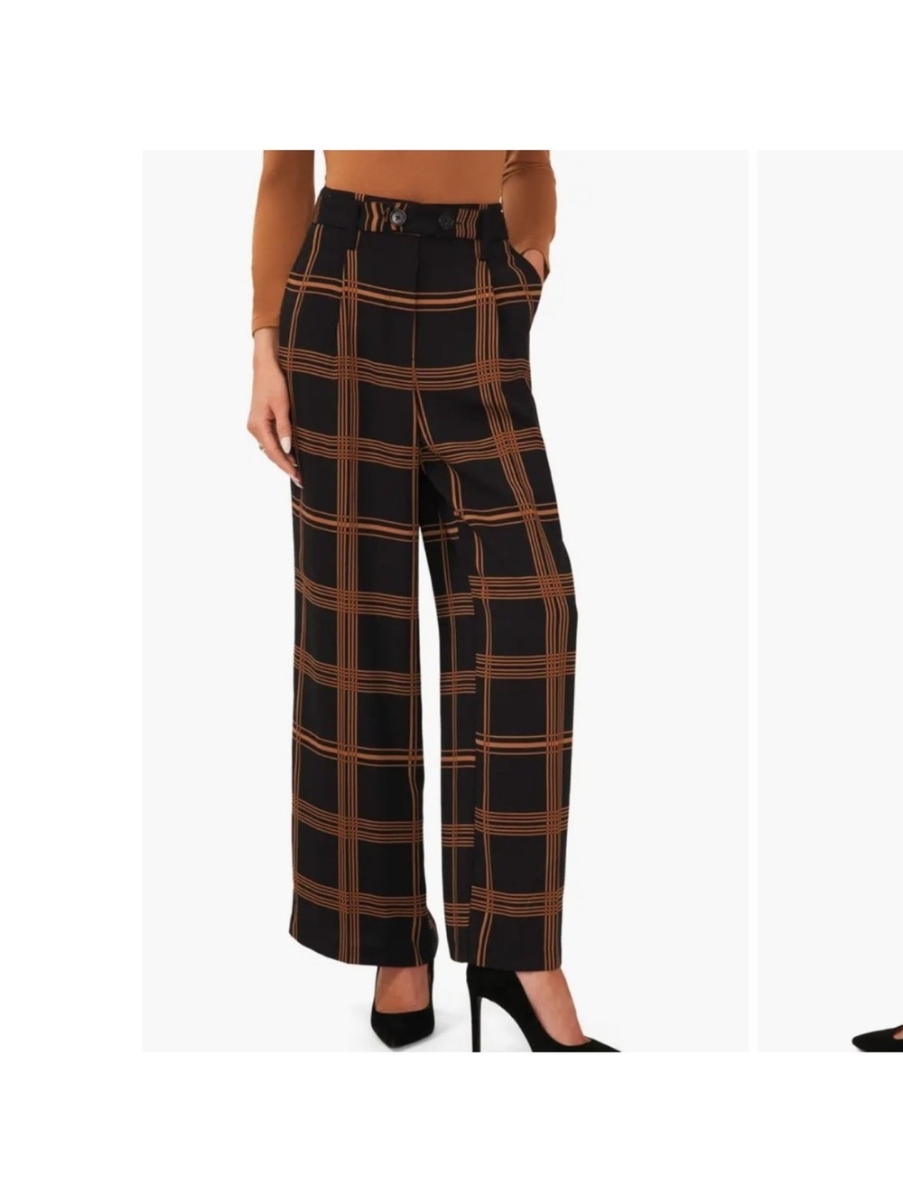 Nordstrom Black Wide-Leg Plaid Trousers with Brown Grid